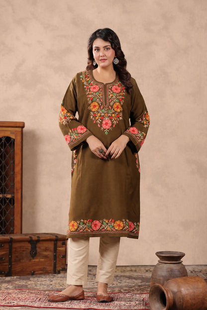 Floral Border Aari Embroidery Kashmiri Pheran | Tobacco Brown