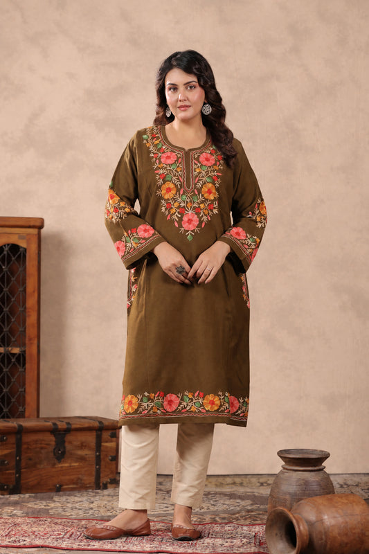 Floral Border Aari Embroidery Kashmiri Pheran | Tobacco Brown