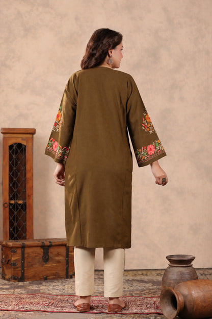 Floral Border Aari Embroidery Kashmiri Pheran | Tobacco Brown - view 2