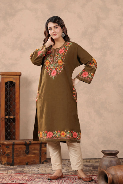 Floral Border Aari Embroidery Kashmiri Pheran | Tobacco Brown - view 5