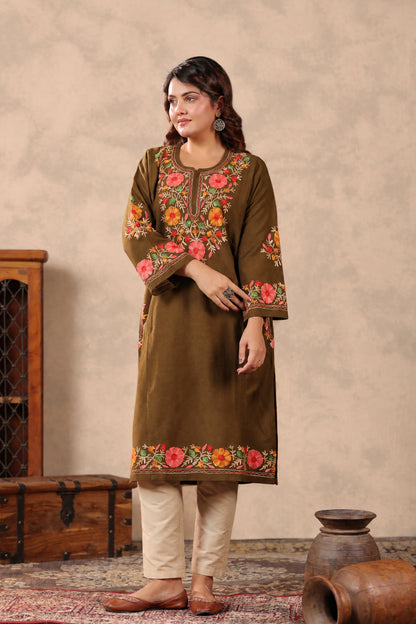 Floral Border Aari Embroidery Kashmiri Pheran | Tobacco Brown - view 6