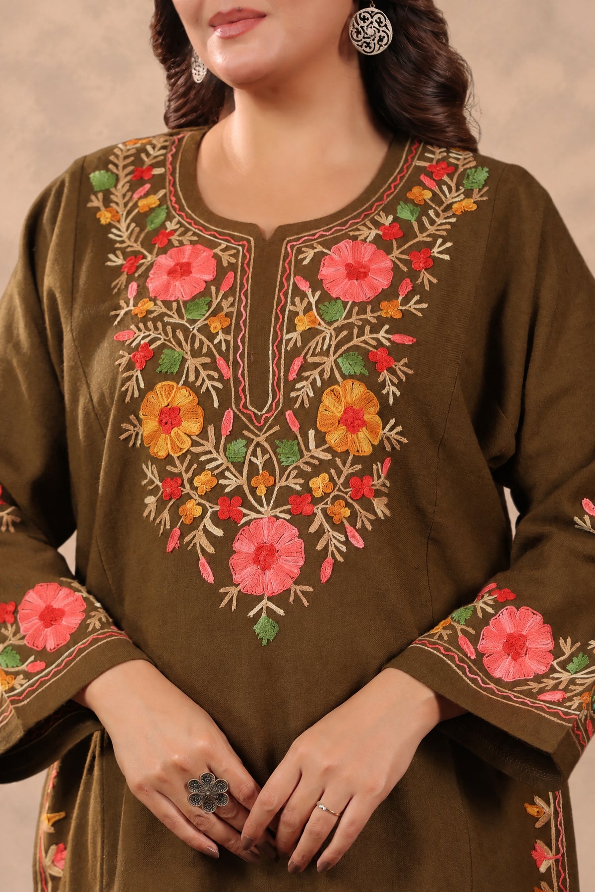 Floral Border Aari Embroidery Kashmiri Pheran | Tobacco Brown - view 8