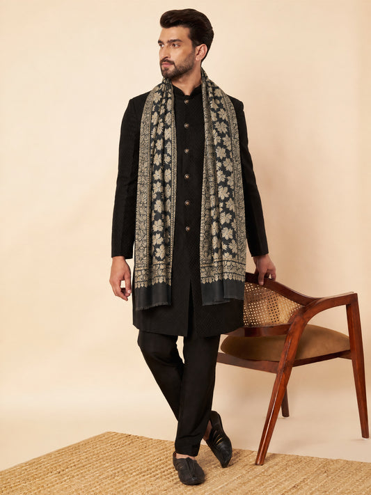 Kani Chinar Zari Woven Stole for Men Black - image 1