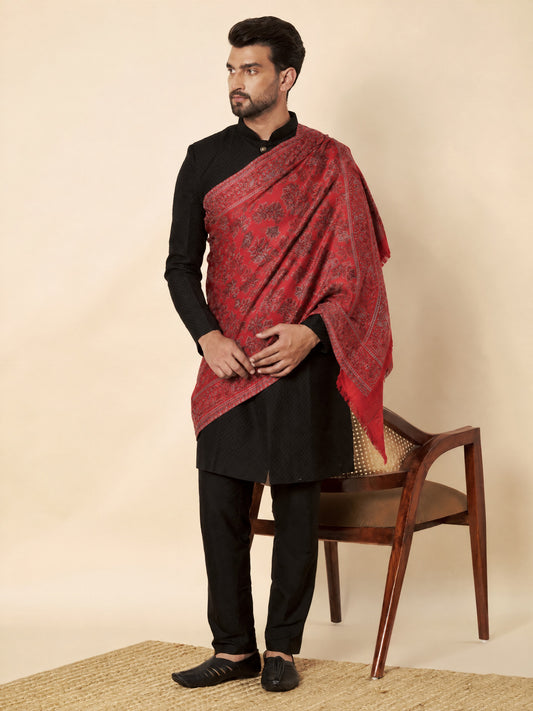 Kani Chinar Zari Woven Stole for Men Red - image 1