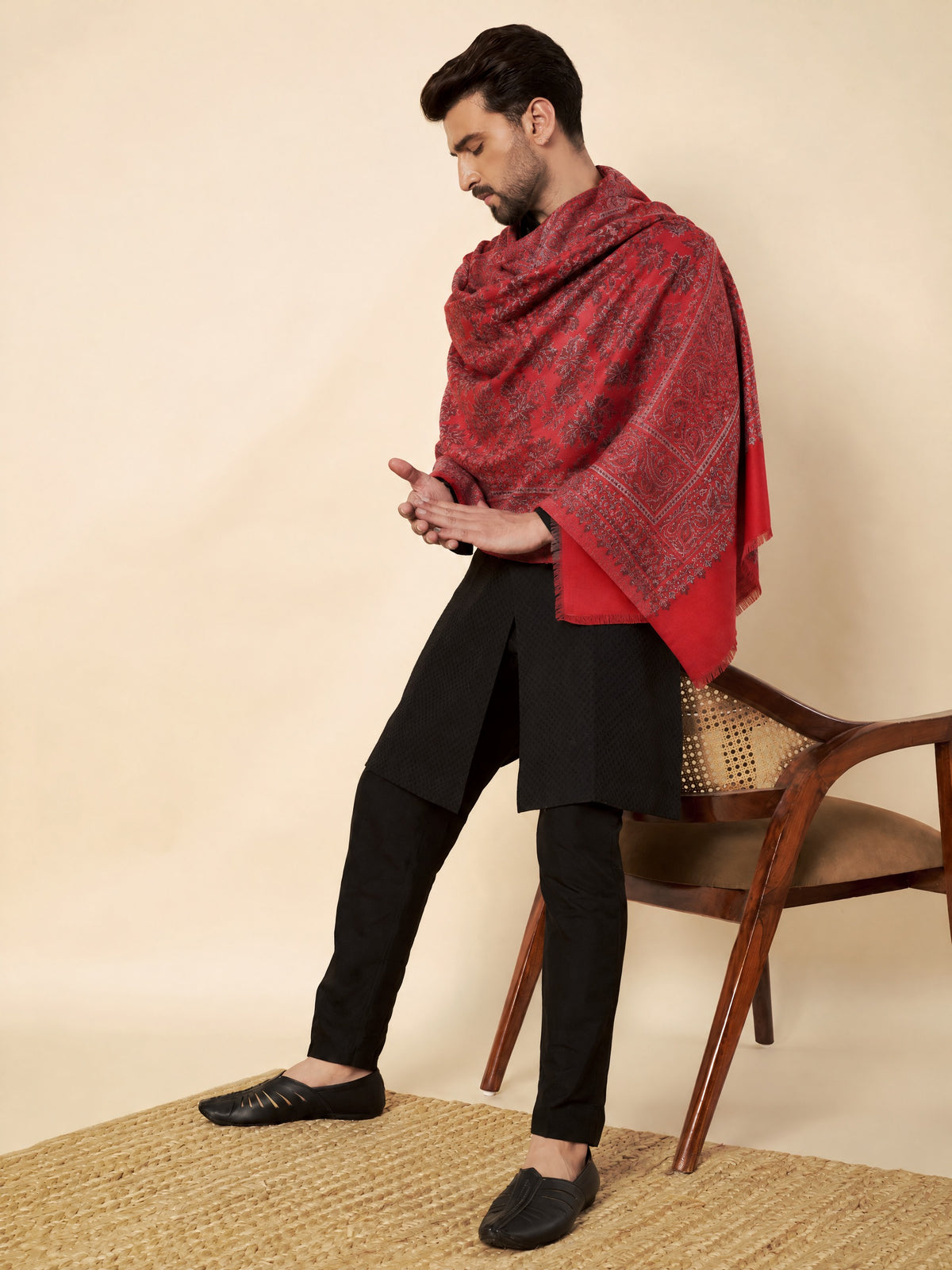 Kani Chinar Zari Woven Stole for Men Red - image 3