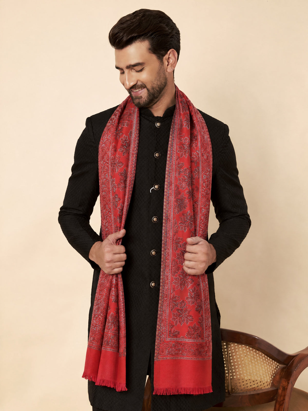 Kani Chinar Zari Woven Stole for Men Red - image 4