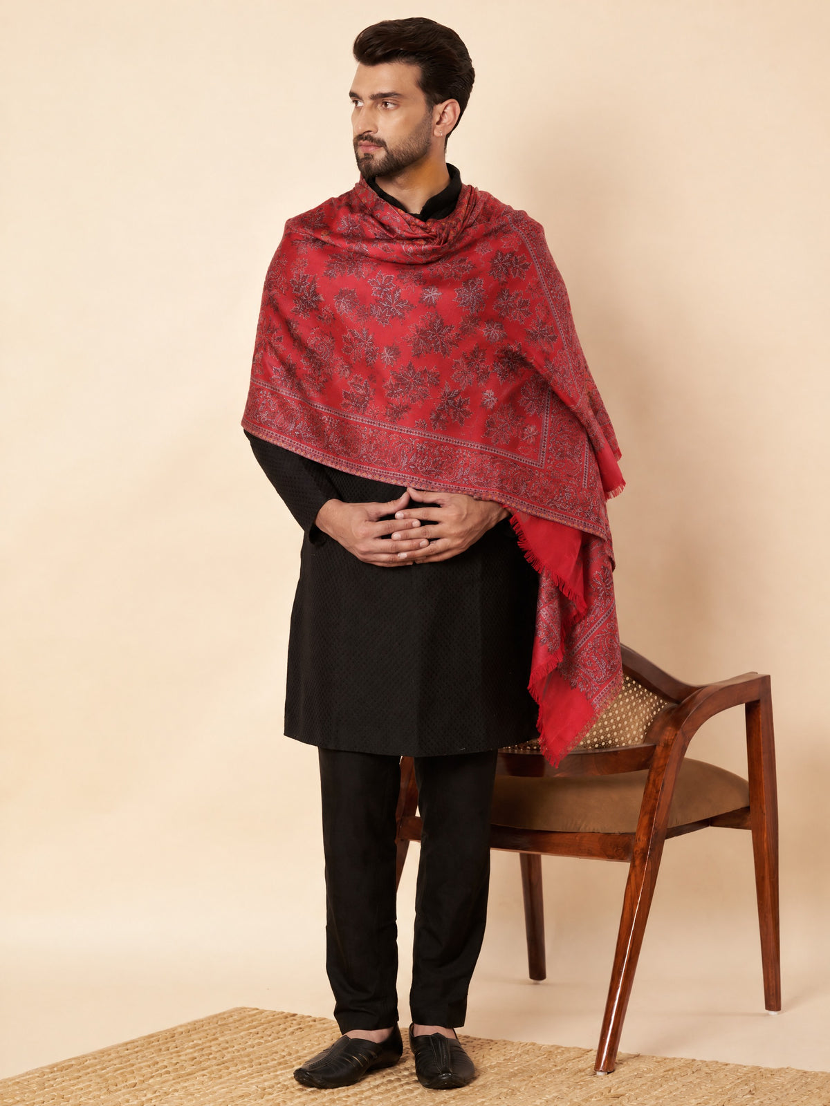 Kani Chinar Zari Woven Stole for Men Red - image 5