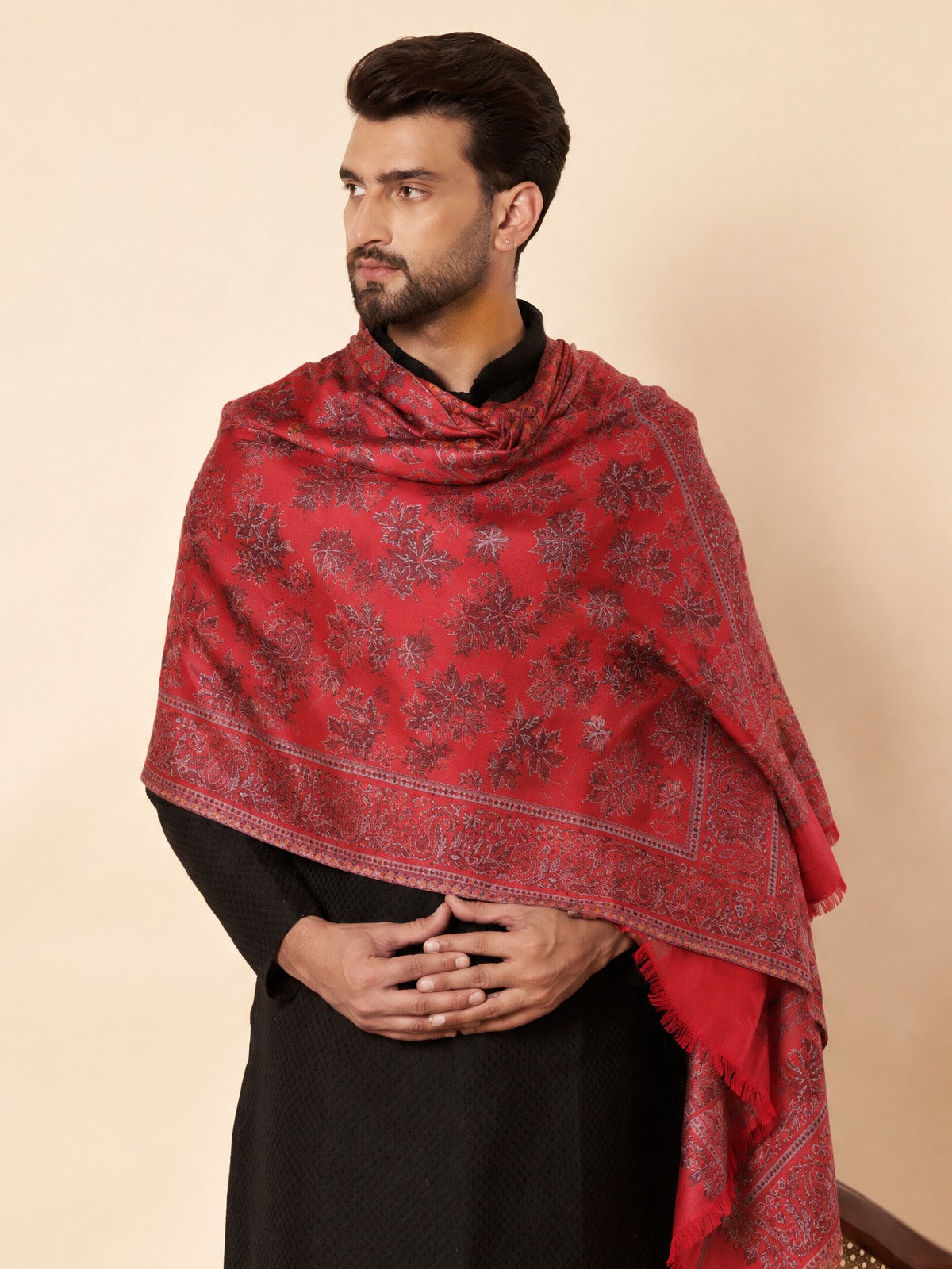 Kani Chinar Zari Woven Stole for Men Red - image 6