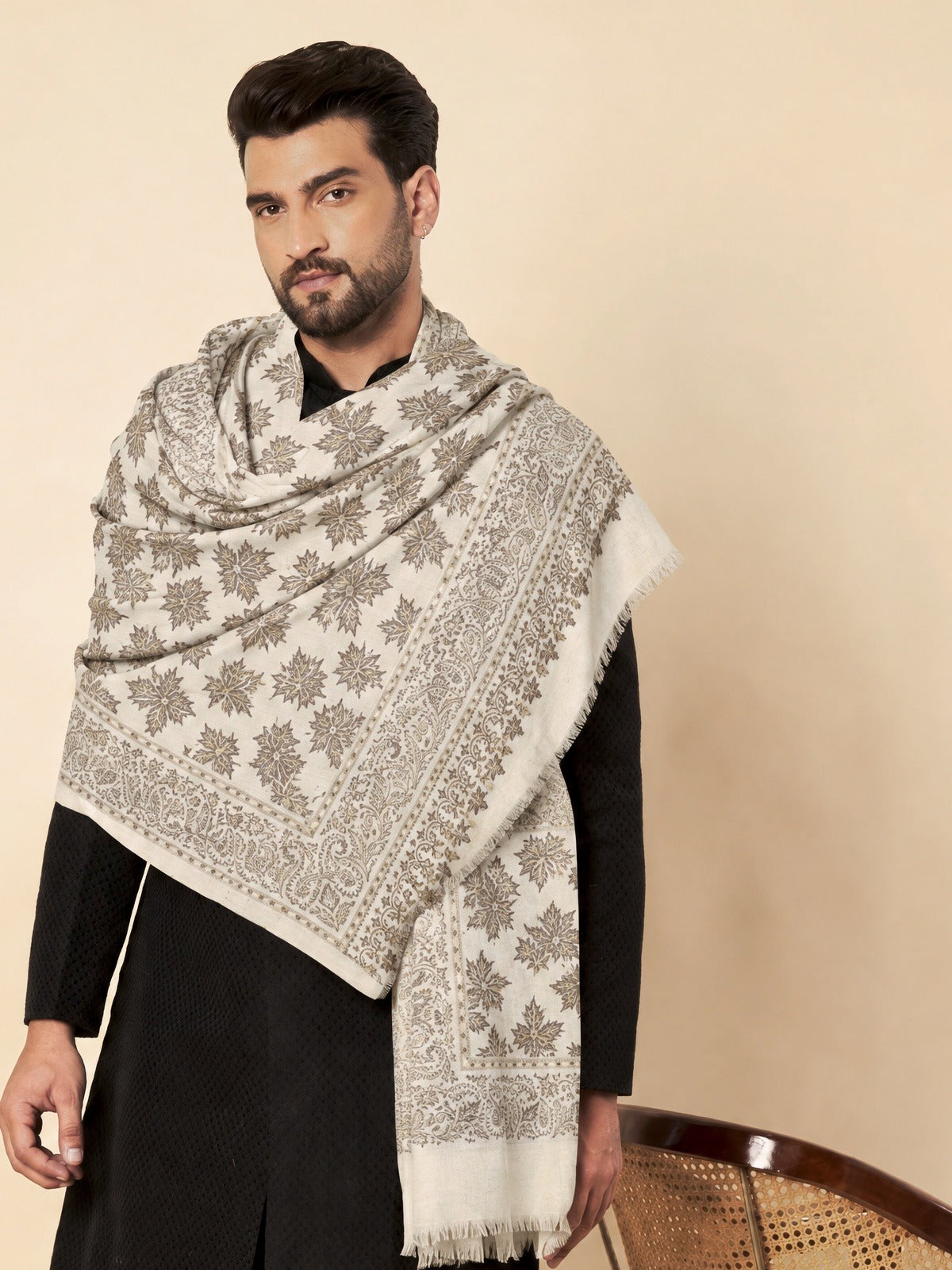 Kani Chinar Zari Woven Stole for Men White - image 1