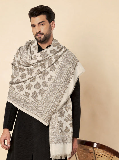 Kani Chinar Zari Woven Stole for Men White - image 1