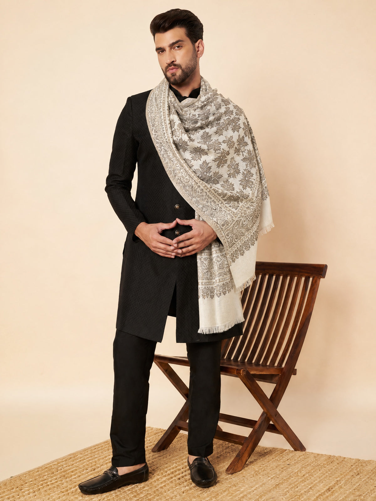 Kani Chinar Zari Woven Stole for Men White - image 2