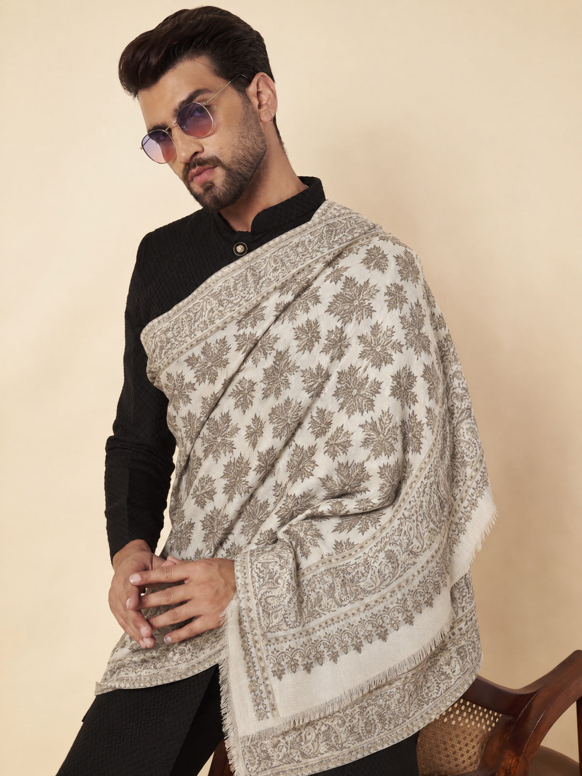Kani Chinar Zari Woven Stole for Men White - image 5