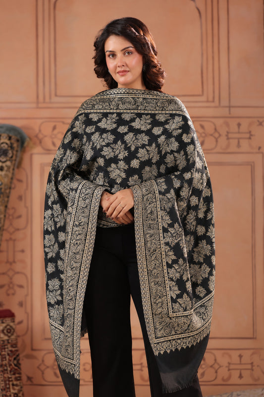 Kani Chinar Zari Woven Stole for Women Black - image 1