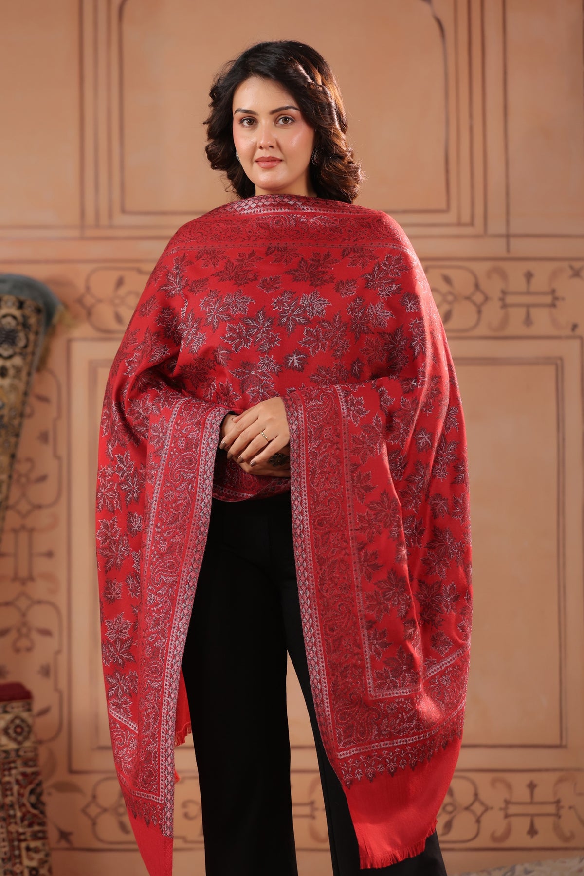 Kani Chinar Zari Woven Stole for Women | Red - image 7