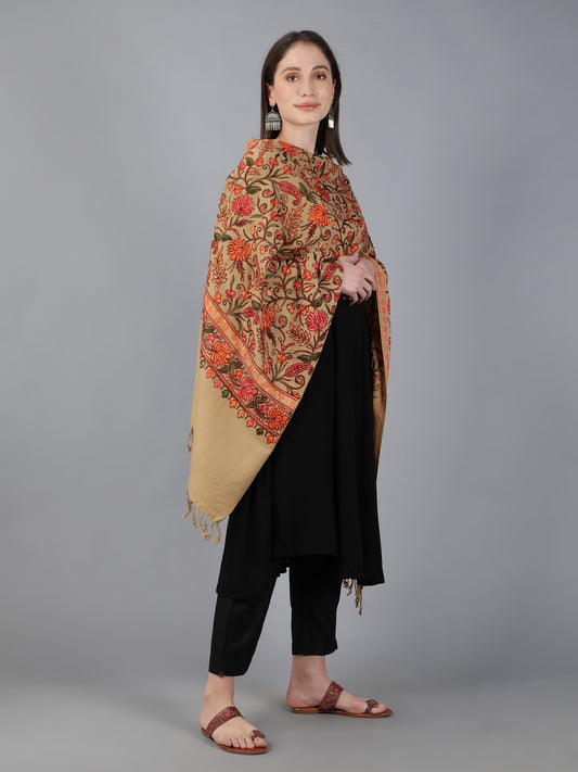 Kashmiri Aari Embroidery Woollen Stole | Brown