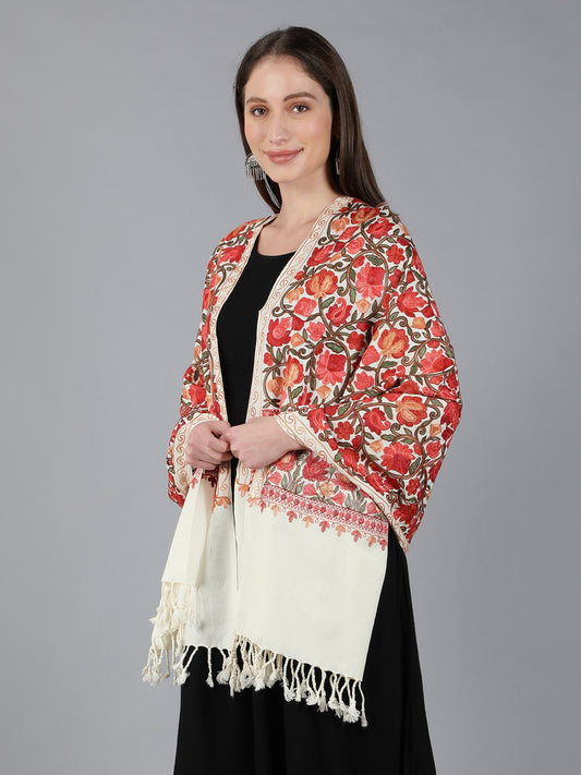 Kashmiri Aari Embroidery Woollen Stole | Off White
