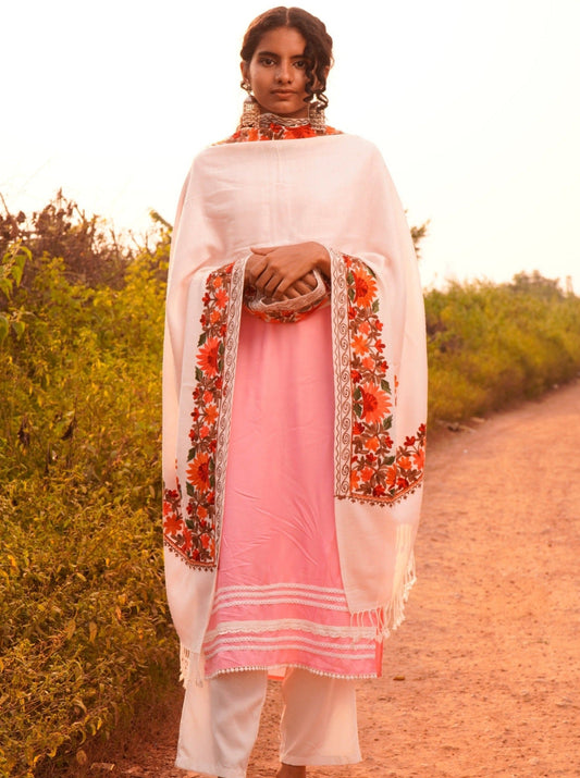 Kashmiri Aari Embroidery Woollen Stole | White