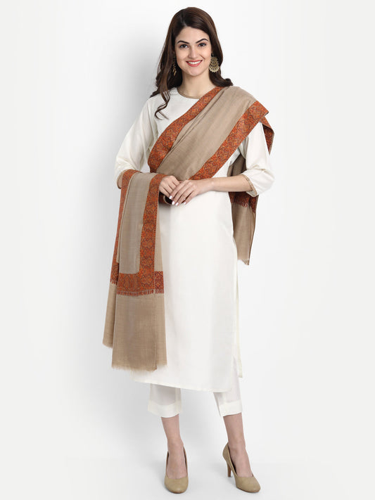 Fine Embroidery Paper Mache Daur Kashmiri Wool Shawl | Beige - Zamour