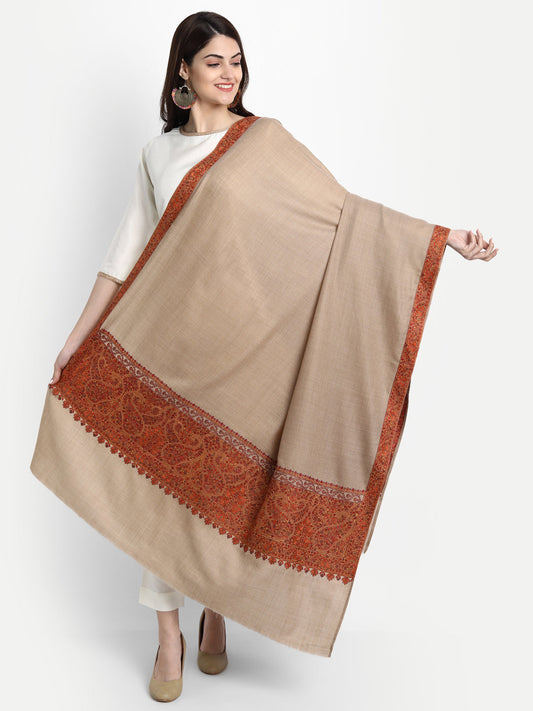 Fine Embroidery Paper Mache Daur Kashmiri Wool Shawl | Beige - Zamour