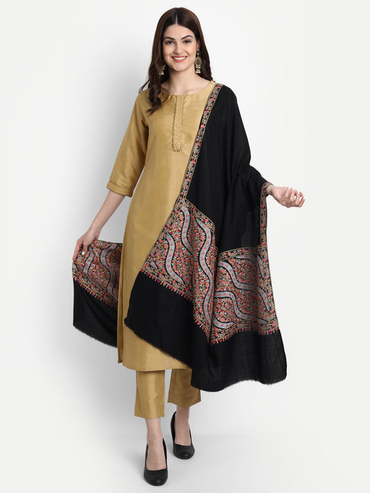 Fine Embroidery Paper Mache Daur Kashmiri Wool Shawl | Black - Zamour