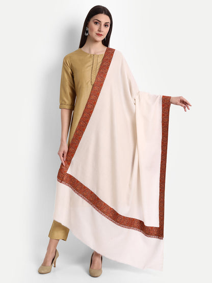 Fine Embroidery Paper Mache Daur Kashmiri Wool Shawl | Creame - Zamour