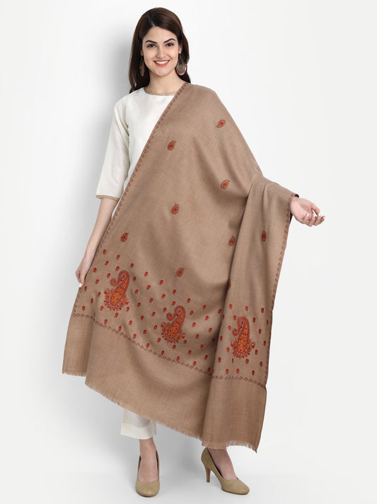 Fine Embroidery Paper Mache Kashmiri Wool Shawl | Beige - Zamour