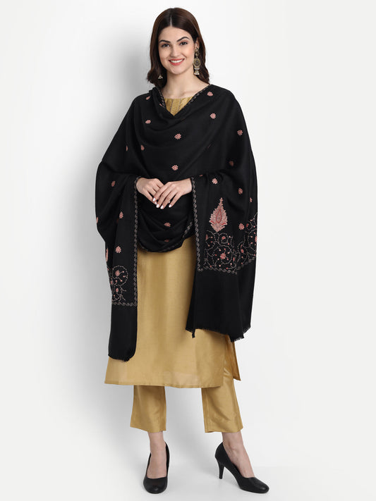 Fine Embroidery Paper Mache Kashmiri Wool Shawl | Black - Zamour