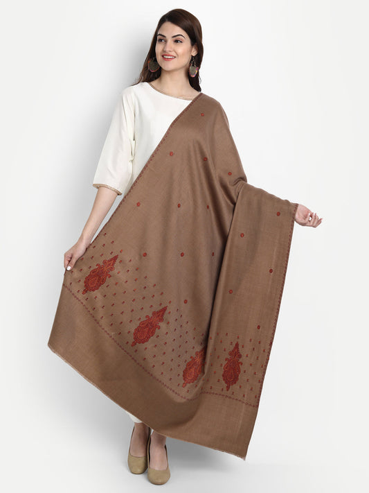 Fine Embroidery Paper Mache Kashmiri Wool Shawl | Brown - Zamour