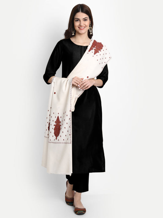 Fine Embroidery Paper Mache Kashmiri Wool Shawl | Creame - Zamour
