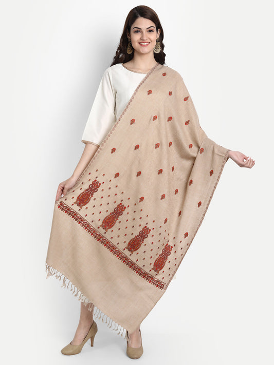 Fine Embroidery Paper Mache Kashmiri Wool Stole | Beige - Zamour