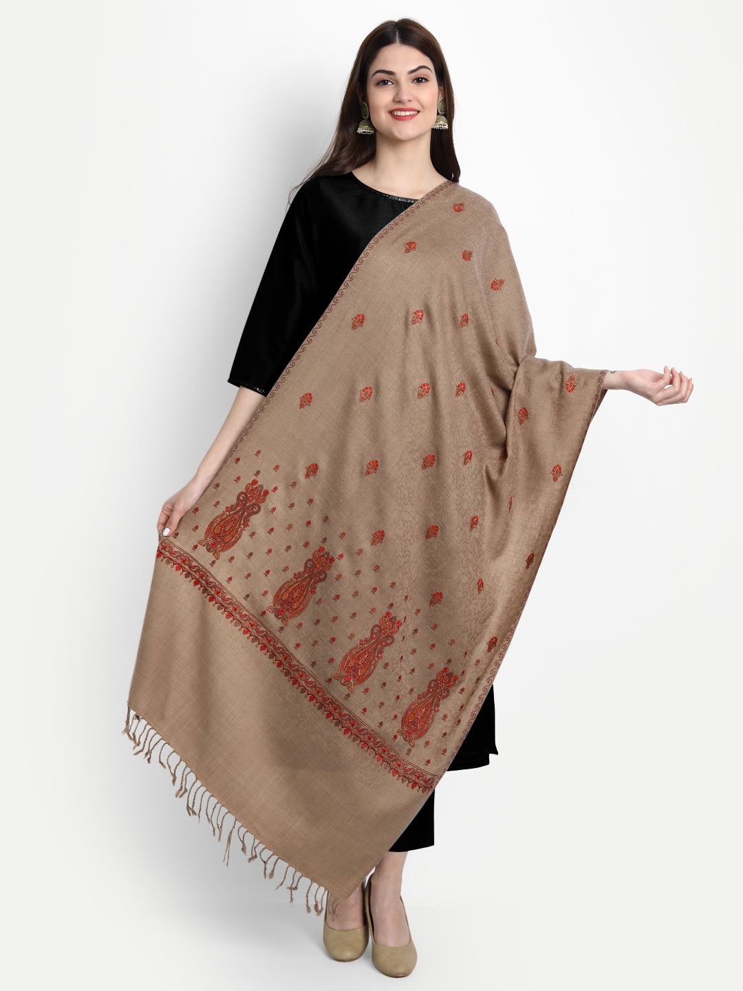 Fine Embroidery Paper Mache Kashmiri Wool Stole | Brown - Zamour