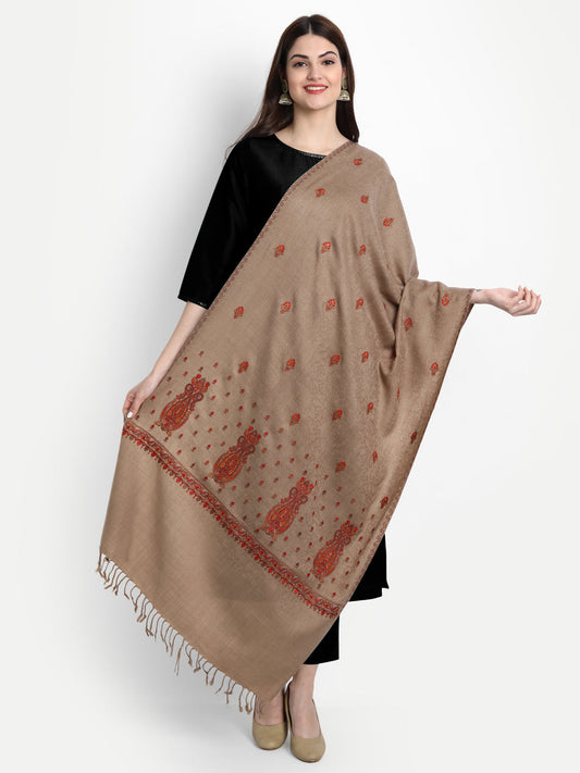 Fine Embroidery Paper Mache Kashmiri Wool Stole | Brown - Zamour