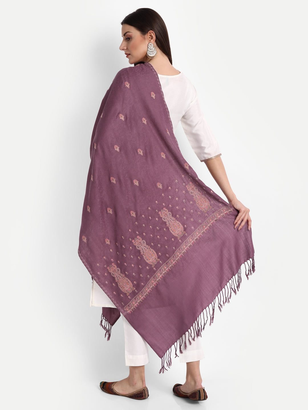 Fine Embroidery Paper Mache Kashmiri Wool Stole | Mauve - Zamour