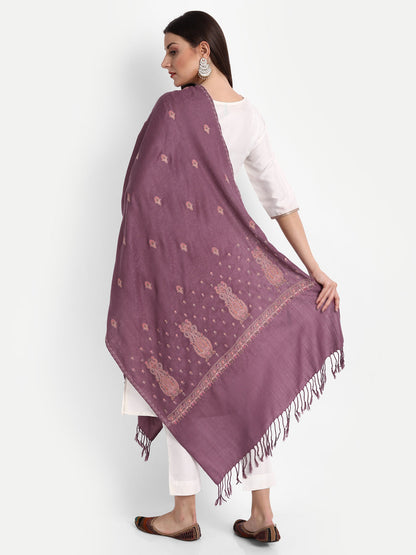 Fine Embroidery Paper Mache Kashmiri Wool Stole | Mauve - Zamour