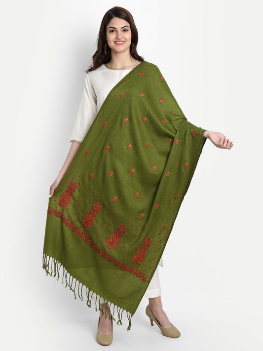 Fine Embroidery Paper Mache Kashmiri Wool Stole | Olive Green - Zamour