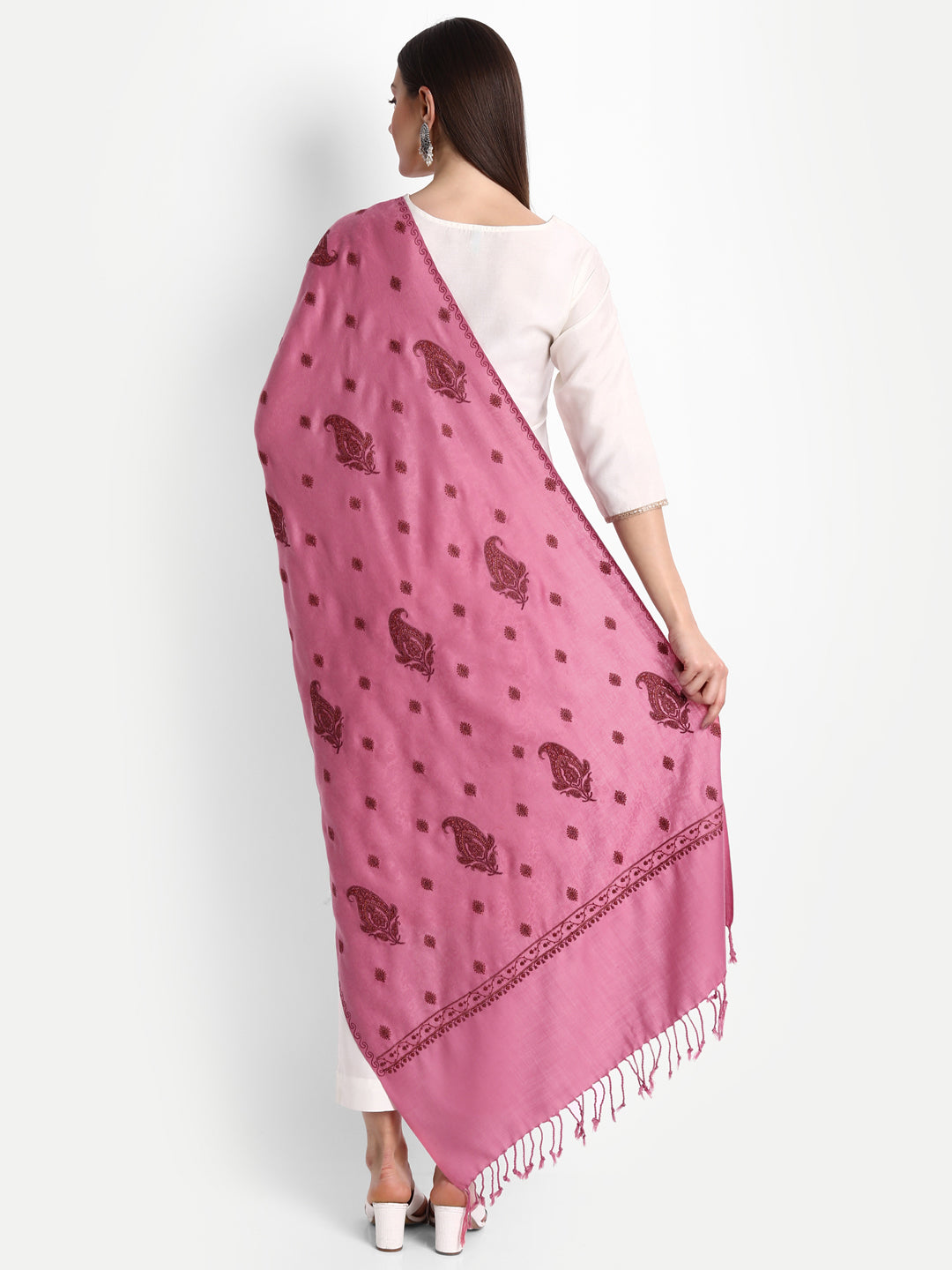Fine Embroidery Paper Mache Kashmiri Wool Stole | Pink - Zamour