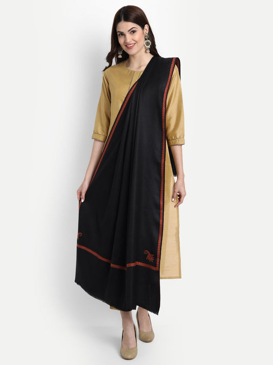 Fine Sozni Embroidery Daur Kashmiri Wool Shawl | Black - Zamour