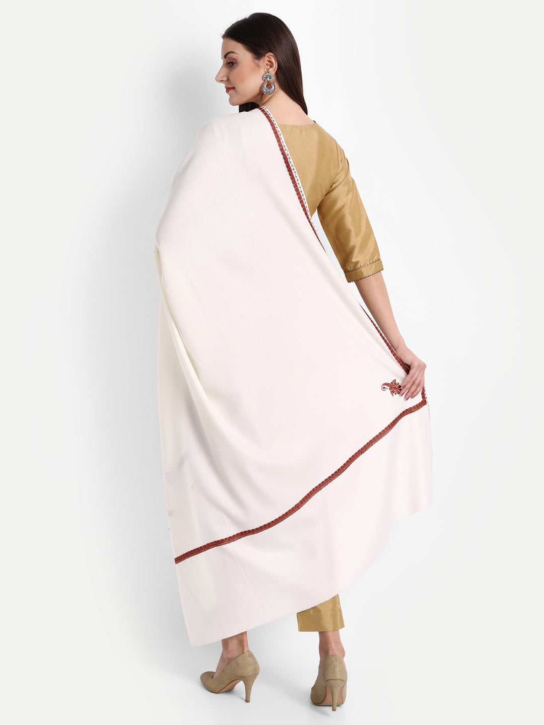 Fine Sozni Embroidery Daur Kashmiri Wool Shawl | Creame - Zamour