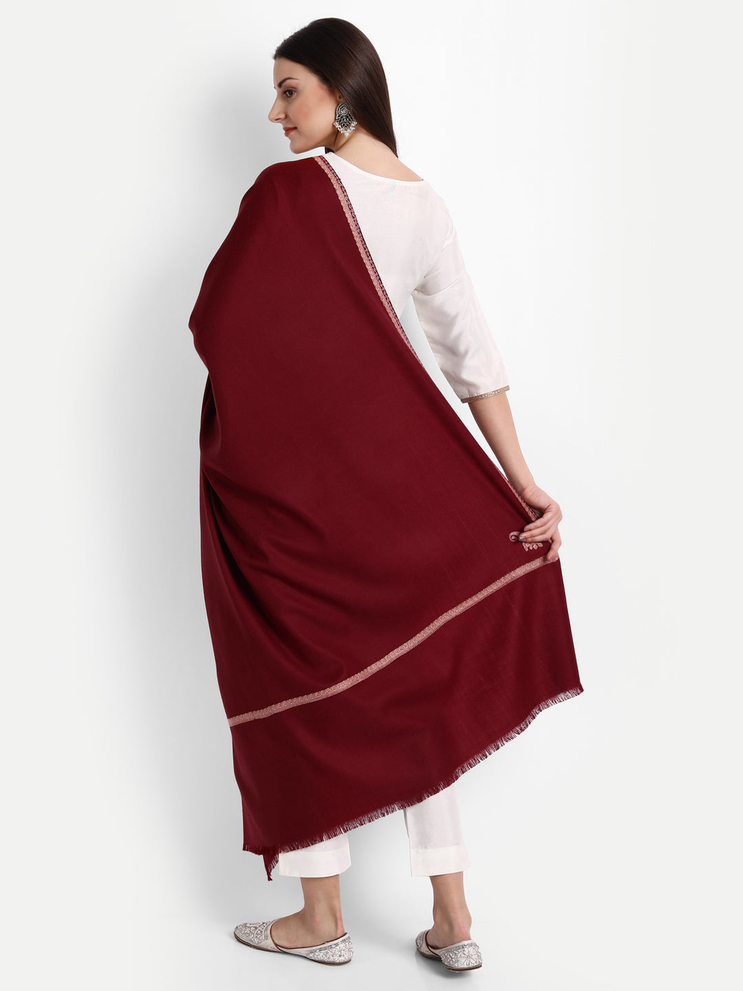 Fine Sozni Embroidery Daur Kashmiri Wool Shawl | Maroon - Zamour
