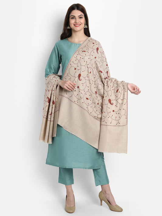 Fine Sozni Embroidery Jaal Kashmiri Wool Shawl | Beige - Zamour