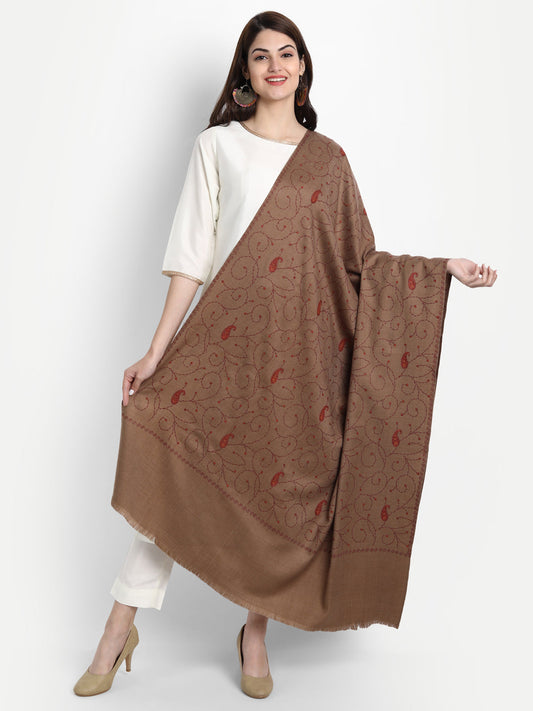 Fine Sozni Embroidery Jaal Kashmiri Wool Shawl | Brown - Zamour