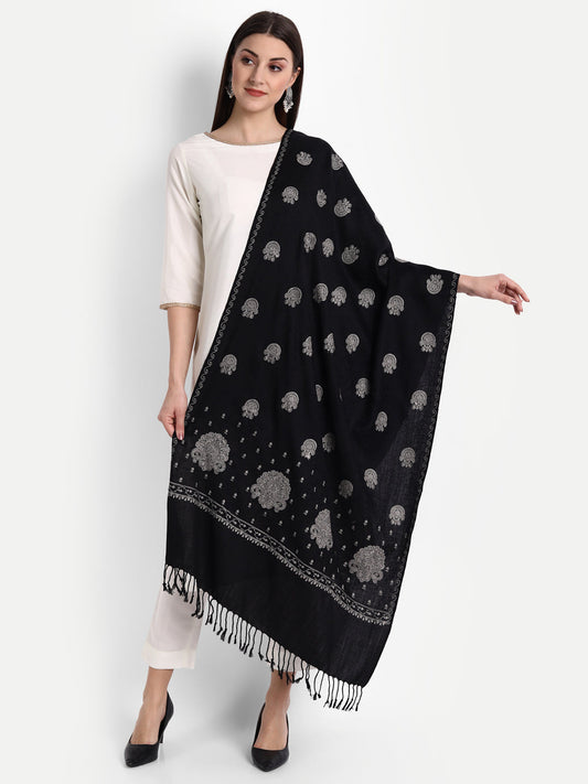 Fine Sozni Embroidery Kashmiri Wool Stole | Black - Zamour