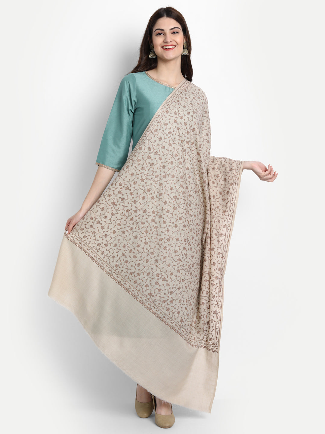 Fine Sozni Jaal Embroidery Kashmiri Wool Shawl | Beige - Zamour