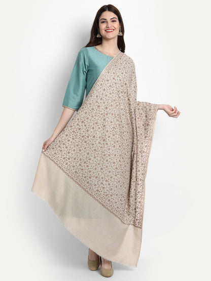Fine Sozni Jaal Embroidery Kashmiri Wool Shawl | Beige - Zamour