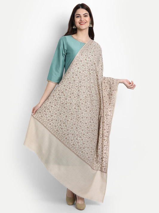 Fine Sozni Jaal Embroidery Kashmiri Wool Shawl | Beige - Zamour