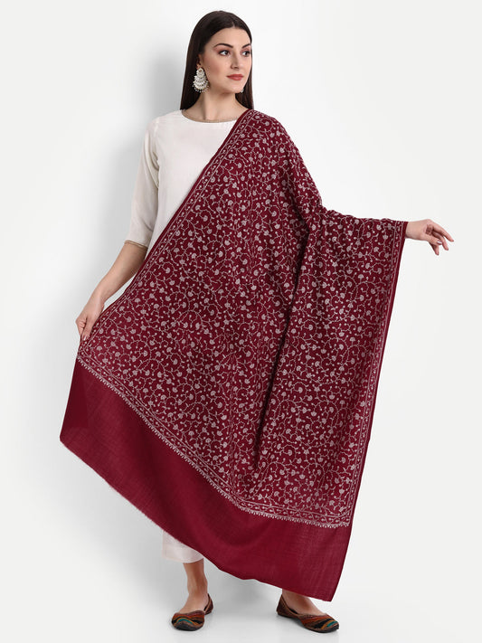 Fine Sozni Jaal Embroidery Kashmiri Wool Shawl | Maroon - Zamour