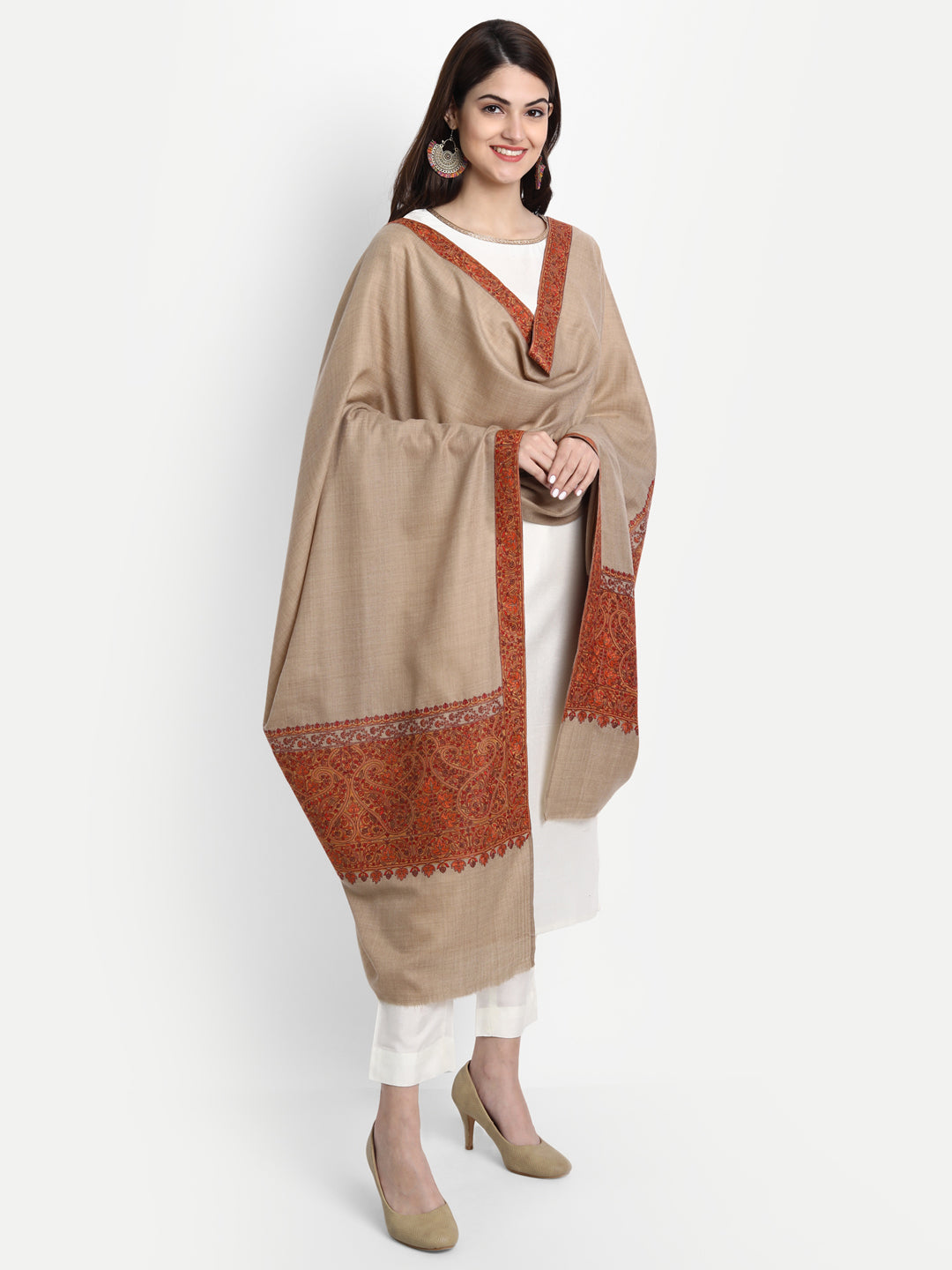 Fine Embroidery Paper Mache Daur Kashmiri Wool Shawl | Beige - Zamour