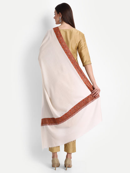 Fine Embroidery Paper Mache Daur Kashmiri Wool Shawl | Creame - Zamour