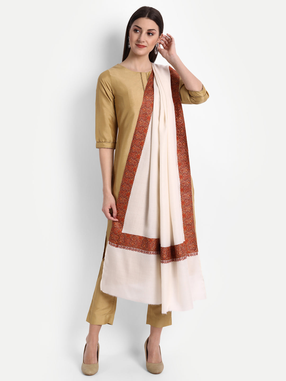 Fine Embroidery Paper Mache Daur Kashmiri Wool Shawl | Creame - Zamour