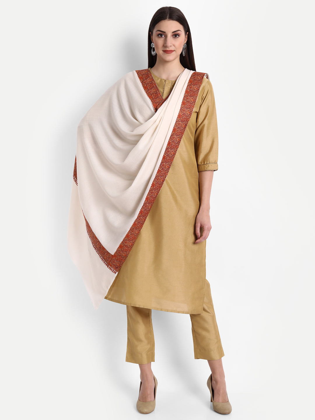 Fine Embroidery Paper Mache Daur Kashmiri Wool Shawl | Creame - Zamour